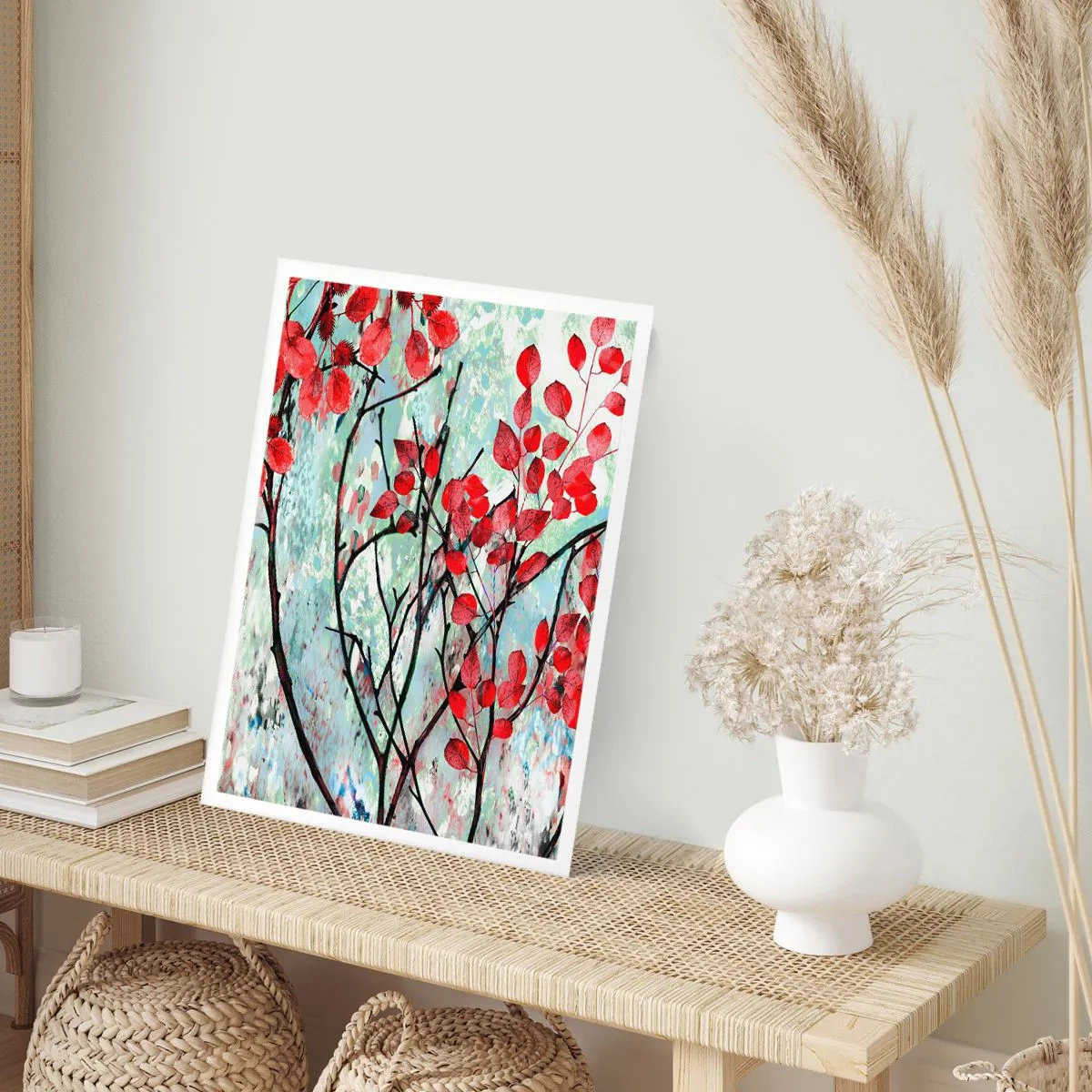 Affiche - Poster - Feuilles rouges sur un fond texturé abstrait - 50x70cm - Arbre en écarlate - Décoration murale moderne pour le salon et la chambre ARTTOR