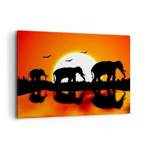Impression sur toile - Image sur toile - Silhouettes d'éléphants au coucher du soleil sur l'eau avec reflet - 100x70cm - Et le soir pour un petit verre - Décoration murale moderne pour le salon et la chambre ARTTOR