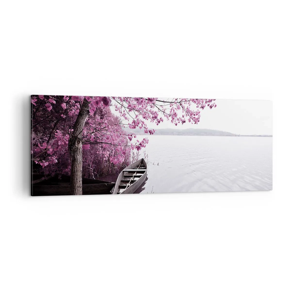 Impression sur toile - Image sur toile - Un bateau au bord d'un lac parmi des arbres roses - 140x50cm - Dans un silence rose - Décoration murale moderne pour le salon et la chambre ARTTOR
