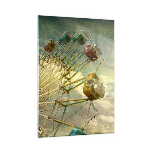 Impression sur verre - Image sur verre - Une grande roue contre le ciel et des palmiers dans un style rétro - 50x70cm - On va faire la fête - Décoration murale moderne pour le salon et la chambre ARTTOR