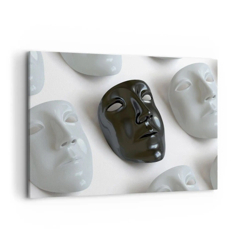 Impression sur toile - Image sur toile - Masques noirs et blancs sur fond clair - 100x70cm - Comment se démarquer ? - Décoration murale moderne pour le salon et la chambre ARTTOR