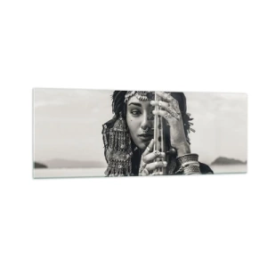 Impression sur verre - Image sur verre - Portrait d'une femme en bijoux ethniques tenant un instrument à la main - 140x50cm - Musique de l'Orient elle-même - Décoration murale moderne pour le salon et la chambre ARTTOR