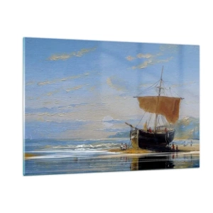 Impression sur verre - Image sur verre - Un navire avec une voile au bord de la mer dans un style pictural - 120x80cm - Eau, terre, air - Décoration murale moderne pour le salon et la chambre ARTTOR