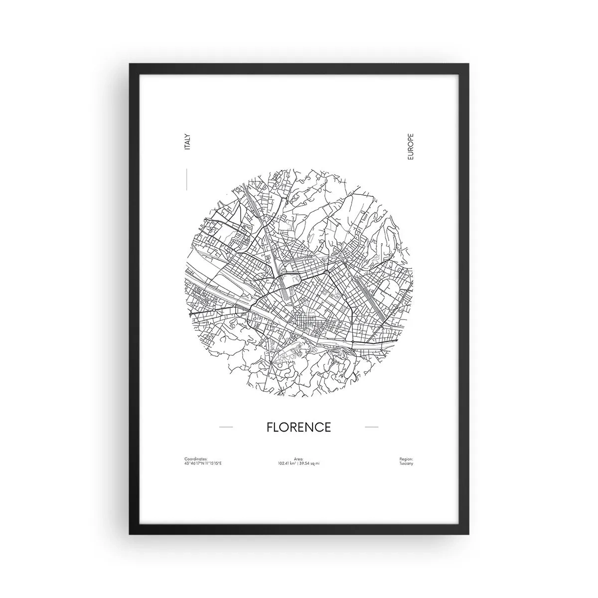 Affiche dans un cadre noir - Poster - Une carte minimaliste de Florence en noir et blanc. - 50x70cm - Anatomie de Florence - Décoration murale moderne pour le salon et la chambre ARTTOR