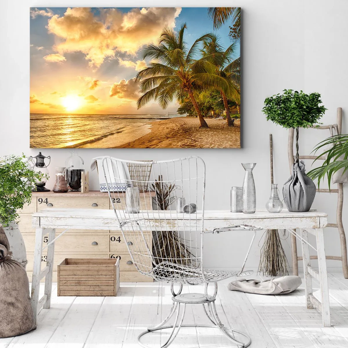 Impression sur toile - Image sur toile - Plage avec palmiers et coucher de soleil sur l'océan - 120x80cm - Été éternel, toujours des vacances - Décoration murale moderne pour le salon et la chambre ARTTOR