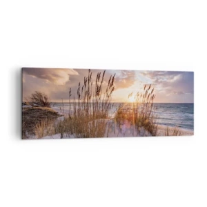 Impression sur toile - Image sur toile - Dunes avec des herbes sur fond de soleil couchant - 140x50cm - Salutations du soleil et du vent - Décoration murale moderne pour le salon et la chambre ARTTOR