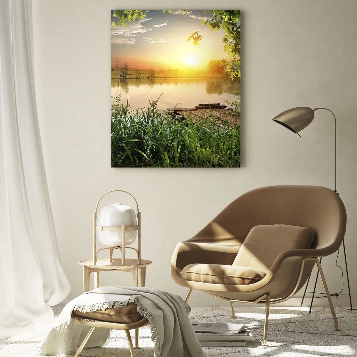 Impression sur verre - Image sur verre - Paysage verdoyant avec un lac au coucher du soleil - 80x120cm - Paysage dans un cadre verdoyant - Décoration murale moderne pour le salon et la chambre ARTTOR