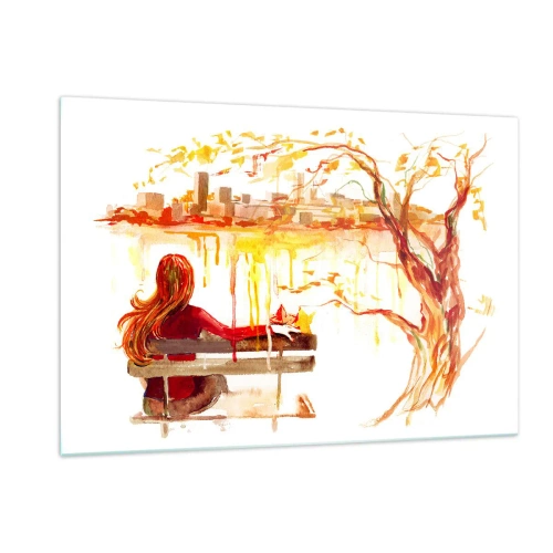 Impression sur verre - Image sur verre - Une figure sur un banc surplombant la ville à l'aquarelle - 120x80cm - Un moment de réflexion - Décoration murale moderne pour le salon et la chambre ARTTOR