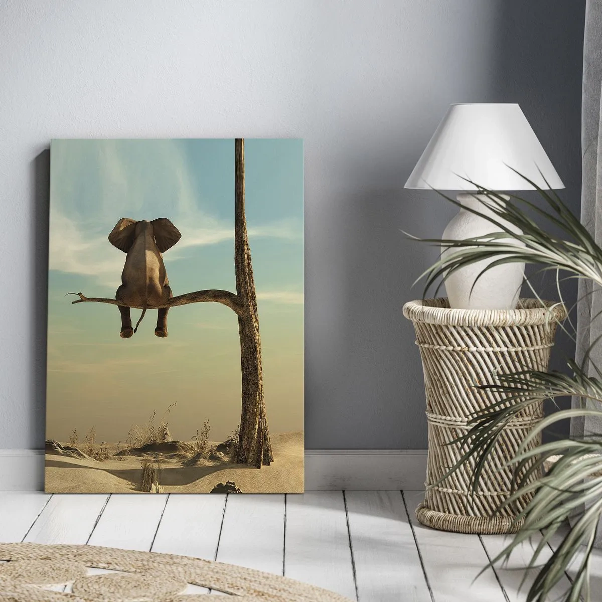 Impression sur toile - Image sur toile - Un éléphant assis sur une branche surplombant un paysage désertique - 70x100cm - Nouveau point de vue - Décoration murale moderne pour le salon et la chambre ARTTOR