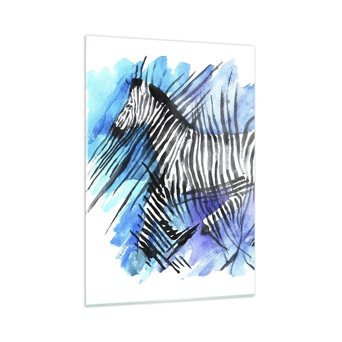 Impression sur verre - Image sur verre - Un zèbre dans une composition artistique à l'aquarelle sur fond bleu - 50x70cm - Caché dans les rayures - Décoration murale moderne pour le salon et la chambre ARTTOR
