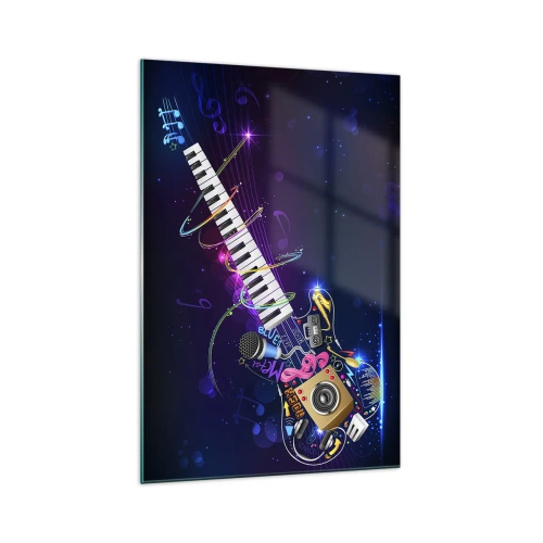 Impression sur verre - Image sur verre - Une guitare colorée avec un clavier et un microphone sur un fond sombre. - 70x100cm - Et tout va bien - Décoration murale moderne pour le salon et la chambre ARTTOR