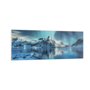 Impression sur verre - Image sur verre - Aurore boréale sur des montagnes enneigées et un lac - 140x50cm - Nuit de lumières - Décoration murale moderne pour le salon et la chambre ARTTOR