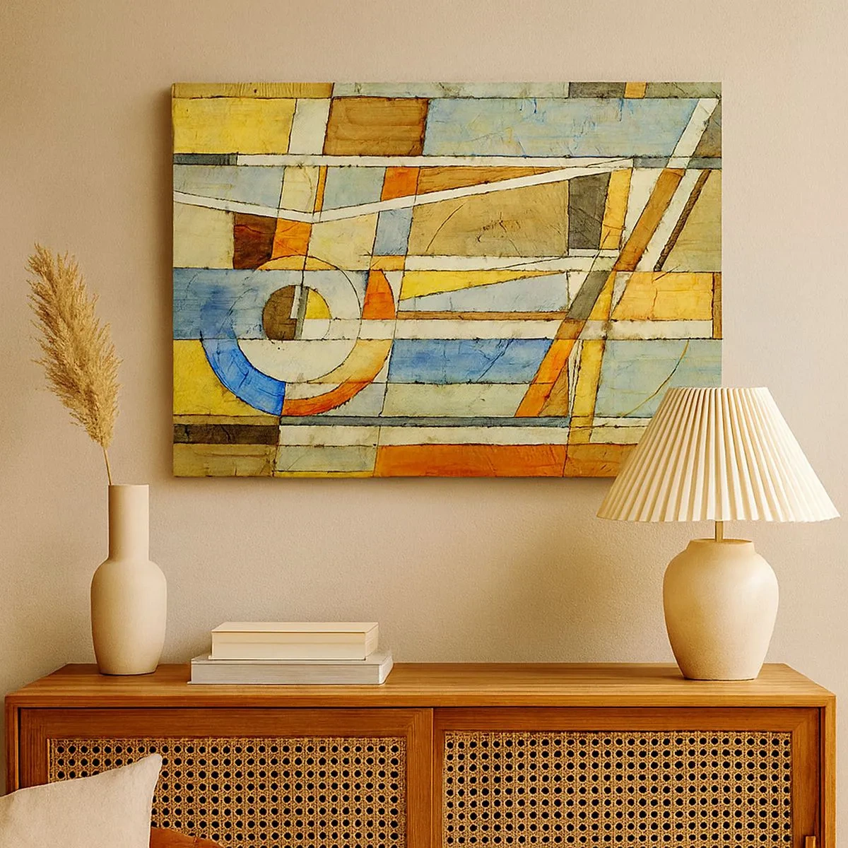 Impression sur toile - Image sur toile - Abstraction géométrique dans les tons beige, bleu et orange - 70x50cm - Cubisme sur le chantier - Décoration murale moderne pour le salon et la chambre ARTTOR