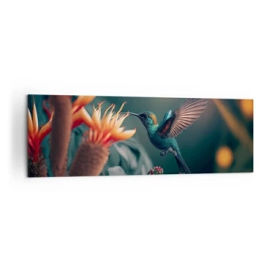 Impression sur toile - Image sur toile - Un colibri coloré parmi des fleurs sur un fond naturel - 160x50cm - une vie vraiment colorée - Décoration murale moderne pour le salon et la chambre ARTTOR