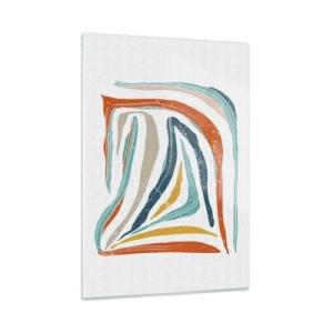 Impression sur verre - Image sur verre - Des stries colorées créent une abstraction dynamique sur un fond blanc - 50x70cm - Abstraction avec un sourire amical - Décoration murale moderne pour le salon et la chambre ARTTOR