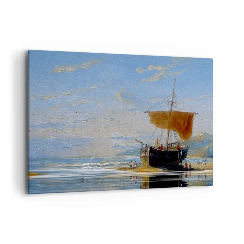 Impression sur toile - Image sur toile - Un bateau au bord de la mer par une journée ensoleillée - 120x80cm - Eau, terre, air - Décoration murale moderne pour le salon et la chambre ARTTOR