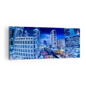 Impression sur toile - Image sur toile - Panorama nocturne de la ville avec gratte-ciels et lampadaires - 120x50cm - Rythmes de la ville nocturne - Décoration murale moderne pour le salon et la chambre ARTTOR