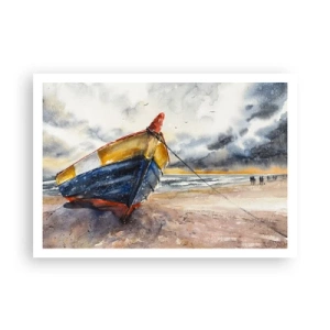 Affiche - Poster - Un bateau pittoresque sur la plage sous un ciel nuageux - 100x70cm - Repos sur le rivage - Décoration murale moderne pour le salon et la chambre ARTTOR
