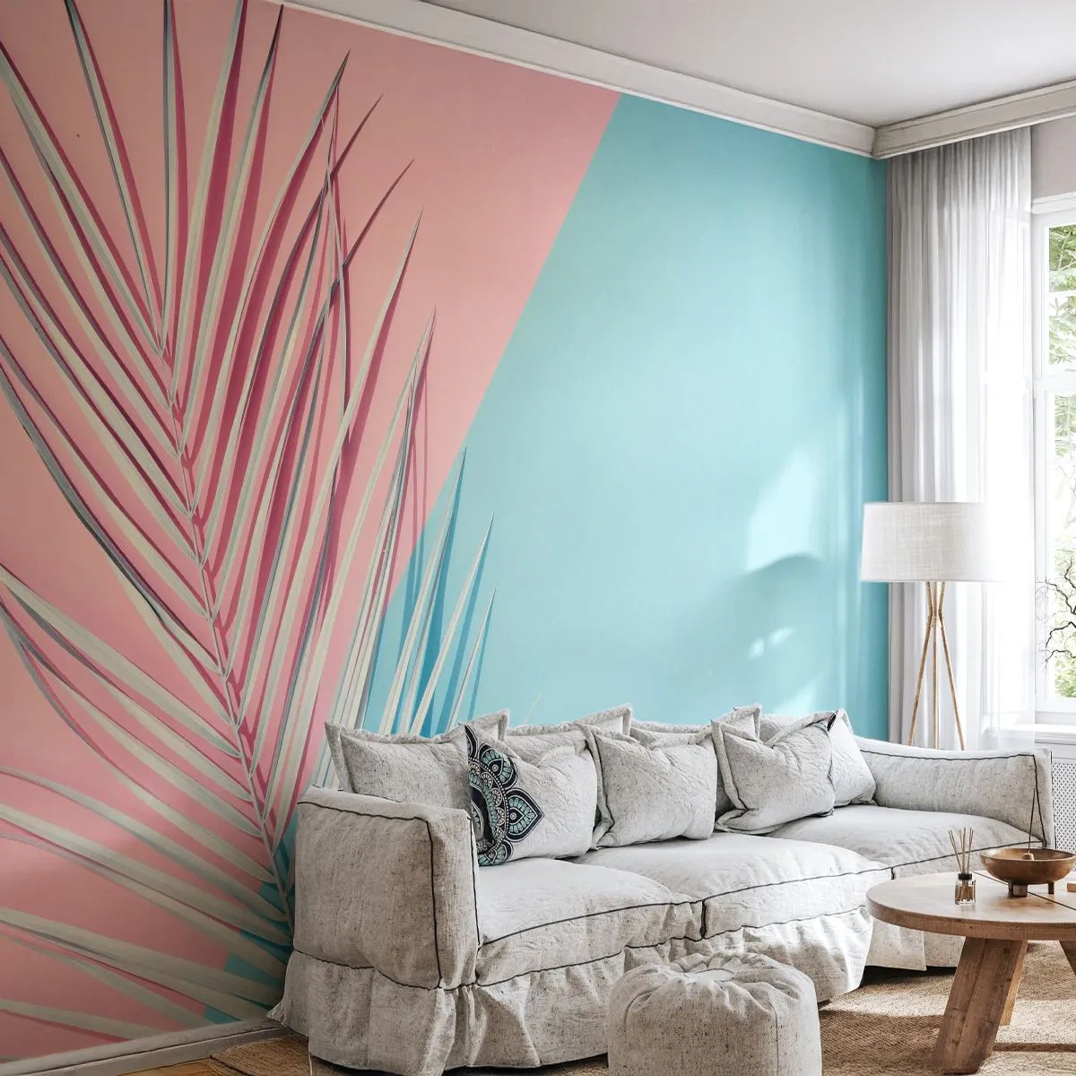 Papier Peint Photo Premium Sand - Feuille de palmier sur fond rose pastel et bleu - 100x70cm - Impression tropicale - Décoration murale moderne pour le salon et la chambre ARTTOR