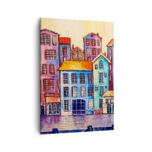 Impression sur toile - Image sur toile - Maisons colorées au bord de l'eau dans un style artistique - 50x70cm - Une ville comme dans un conte de fées - Décoration murale moderne pour le salon et la chambre ARTTOR