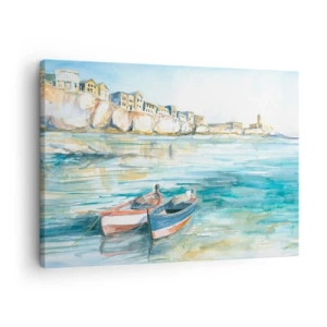 Impression sur toile - Image sur toile - Un paysage balnéaire pittoresque avec des bateaux sur l'eau - 70x50cm - Paysage dans l'azur - Décoration murale moderne pour le salon et la chambre ARTTOR