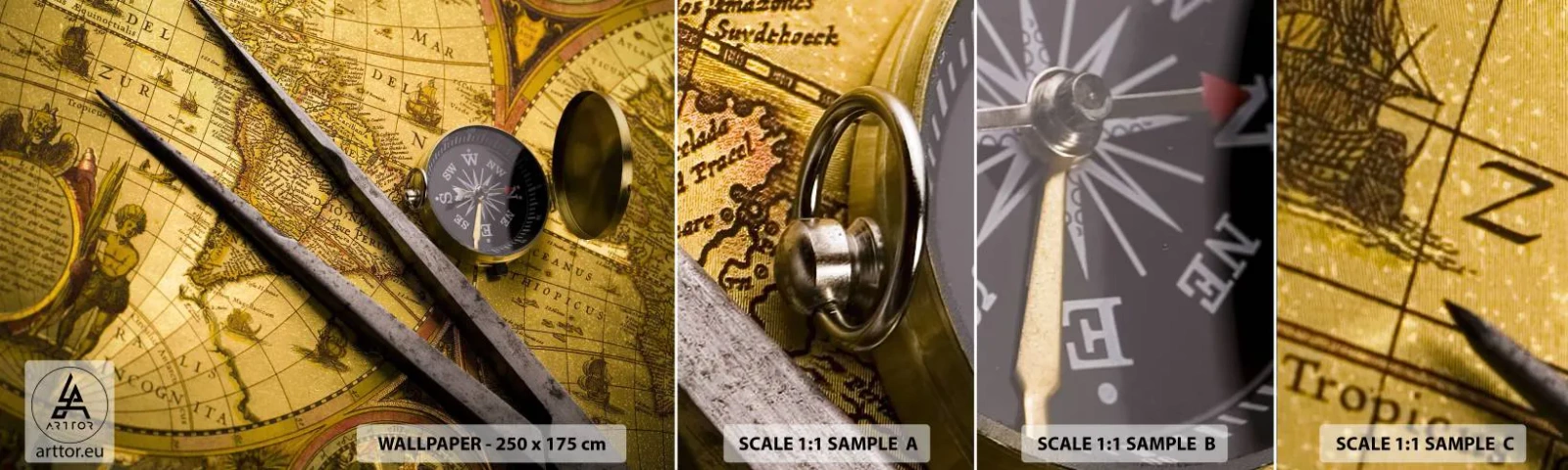 Échantillon De Papier Peint Standard Eco - Où sont ces trésors? - Boussole, Carte du monde, Voyages - 100x30 cm