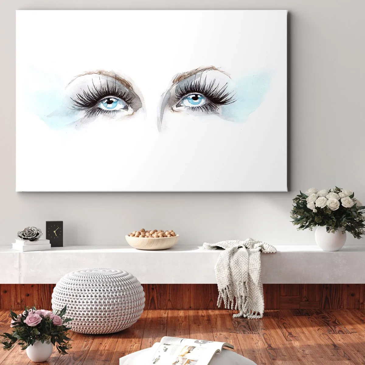 Impression sur toile - Image sur toile - Aquarelle aux yeux bleus et aux accents délicats - 120x80cm - Yeux d'ange? - Décoration murale moderne pour le salon et la chambre ARTTOR