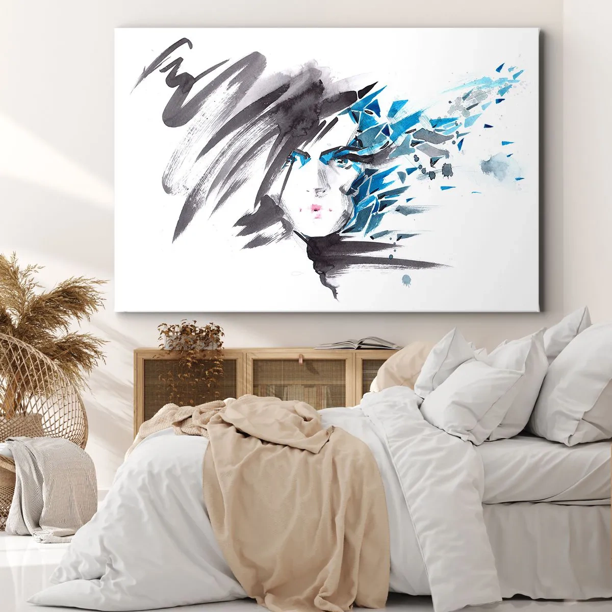 Impression sur toile - Image sur toile - Peinture faciale artistique à l'aquarelle avec des accents bleus - 70x50cm - Portrait sensuel en gris et bleu - Décoration murale moderne pour le salon et la chambre ARTTOR