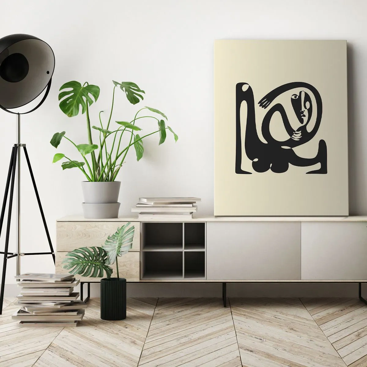 Impression sur toile - Image sur toile - Une figure abstraite en noir sur fond beige - 80x120cm - Presque du Picasso - Décoration murale moderne pour le salon et la chambre ARTTOR