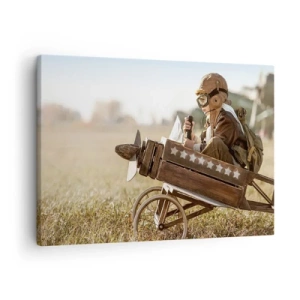 Impression sur toile - Image sur toile - Un enfant dans un avion jouet avec un champ en arrière-plan - 70x50cm - Départ vers un rêve - Décoration murale moderne pour le salon et la chambre ARTTOR