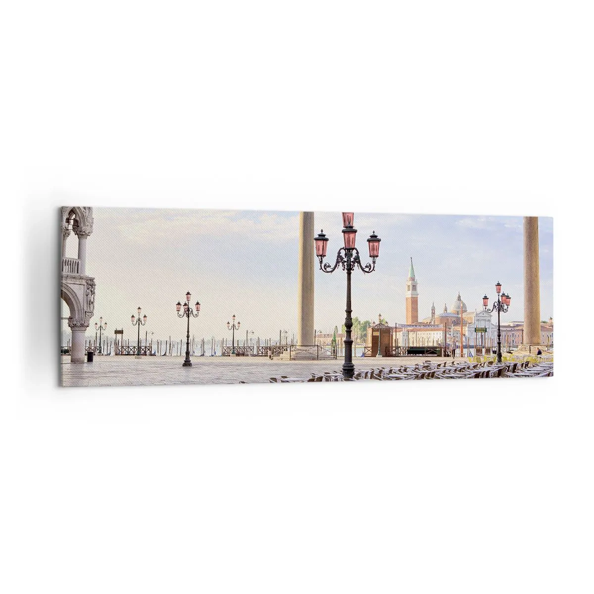Impression sur toile - Image sur toile - Venise, vue de la place avec des colonnes et des tables de café - 160x50cm - Nous vous invitons, tout est prêt - Décoration murale moderne pour le salon et la chambre ARTTOR
