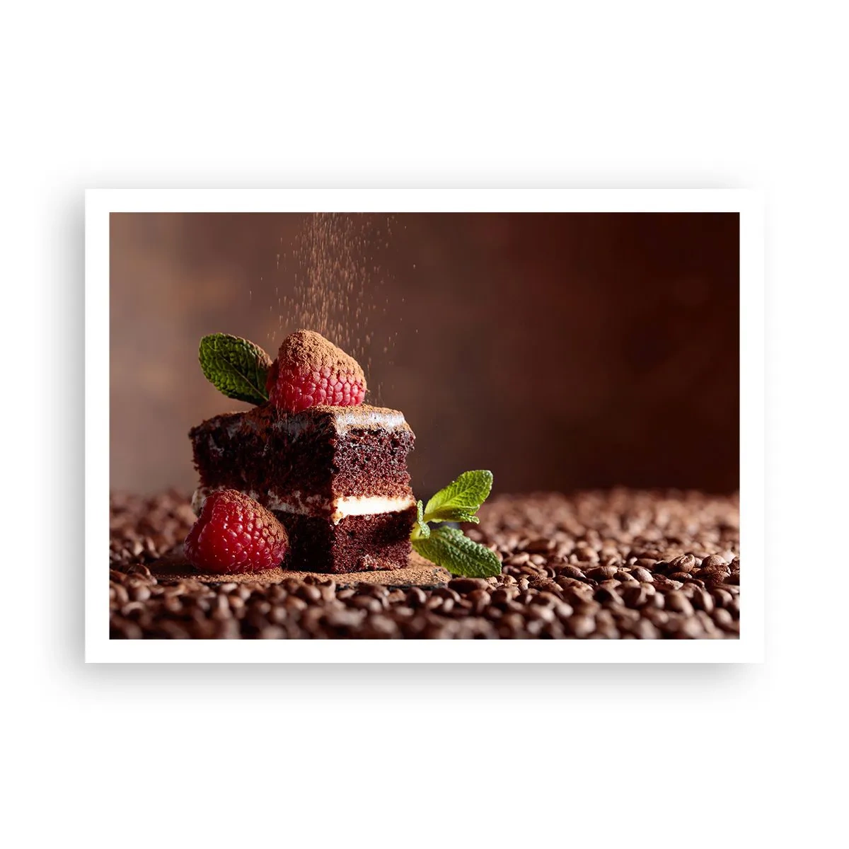 Affiche - Poster - Gâteau au chocolat aux framboises et à la menthe sur fond de fèves de cacao - 100x70cm - La vie est douce - Décoration murale moderne pour le salon et la chambre ARTTOR