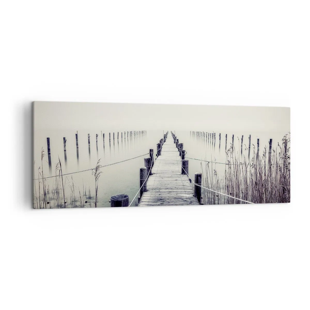 Impression sur toile - Image sur toile - Un pont en bois menant à un espace brumeux - 140x50cm - Plongez dans la paix - Décoration murale moderne pour le salon et la chambre ARTTOR