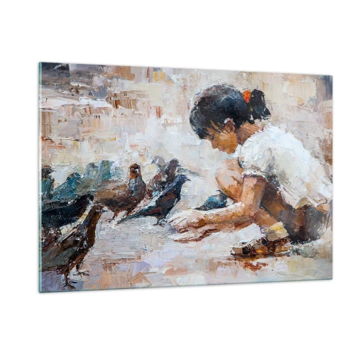 Impression sur verre - Image sur verre - Une fille nourrissant des oiseaux sur un fond impressionniste - 120x80cm - Les plus petits et les plus gentils - Décoration murale moderne pour le salon et la chambre ARTTOR