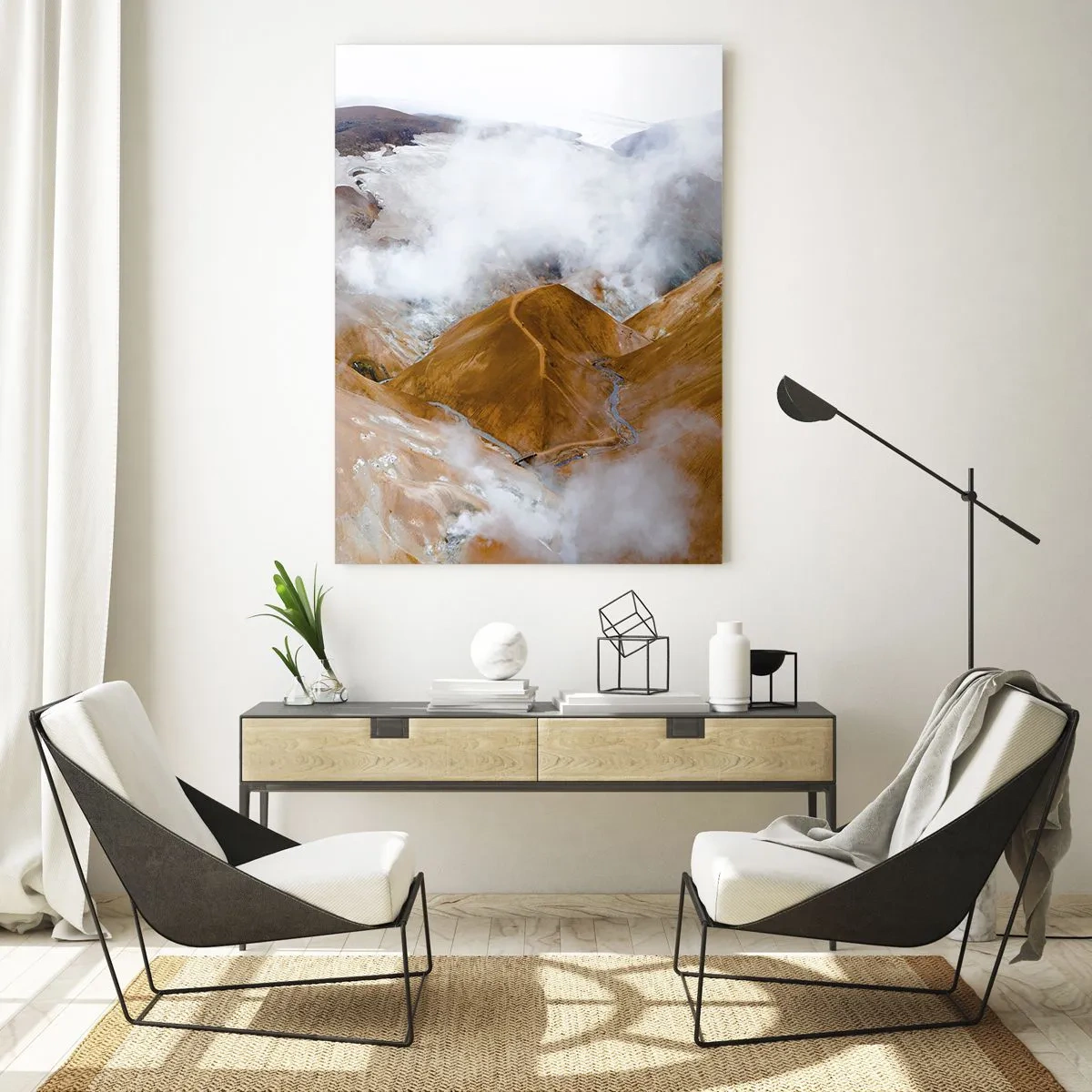 Impression sur verre - Image sur verre - Un paysage de montagne avec de la vapeur dans un climat rigoureux - 80x120cm - Le charme brut de l'Islande - Décoration murale moderne pour le salon et la chambre ARTTOR