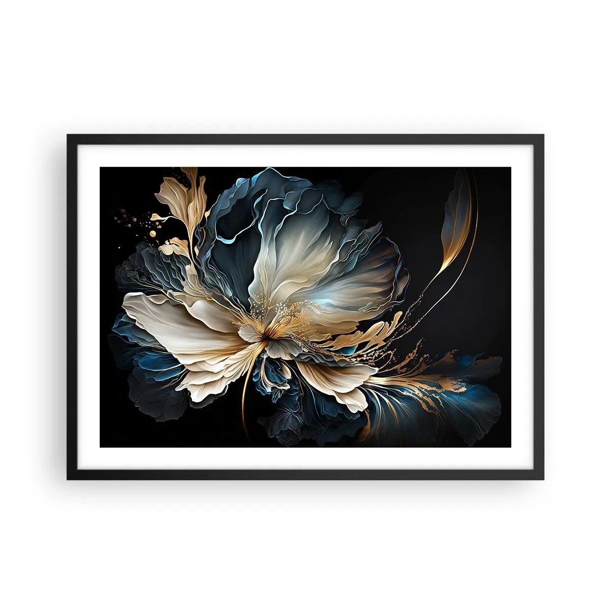 Affiche dans un cadre noir - Poster - Une fleur dans les tons or et bleu marine sur fond noir - 70x50cm - Fleur de fougère de conte de fées - Décoration murale moderne pour le salon et la chambre ARTTOR