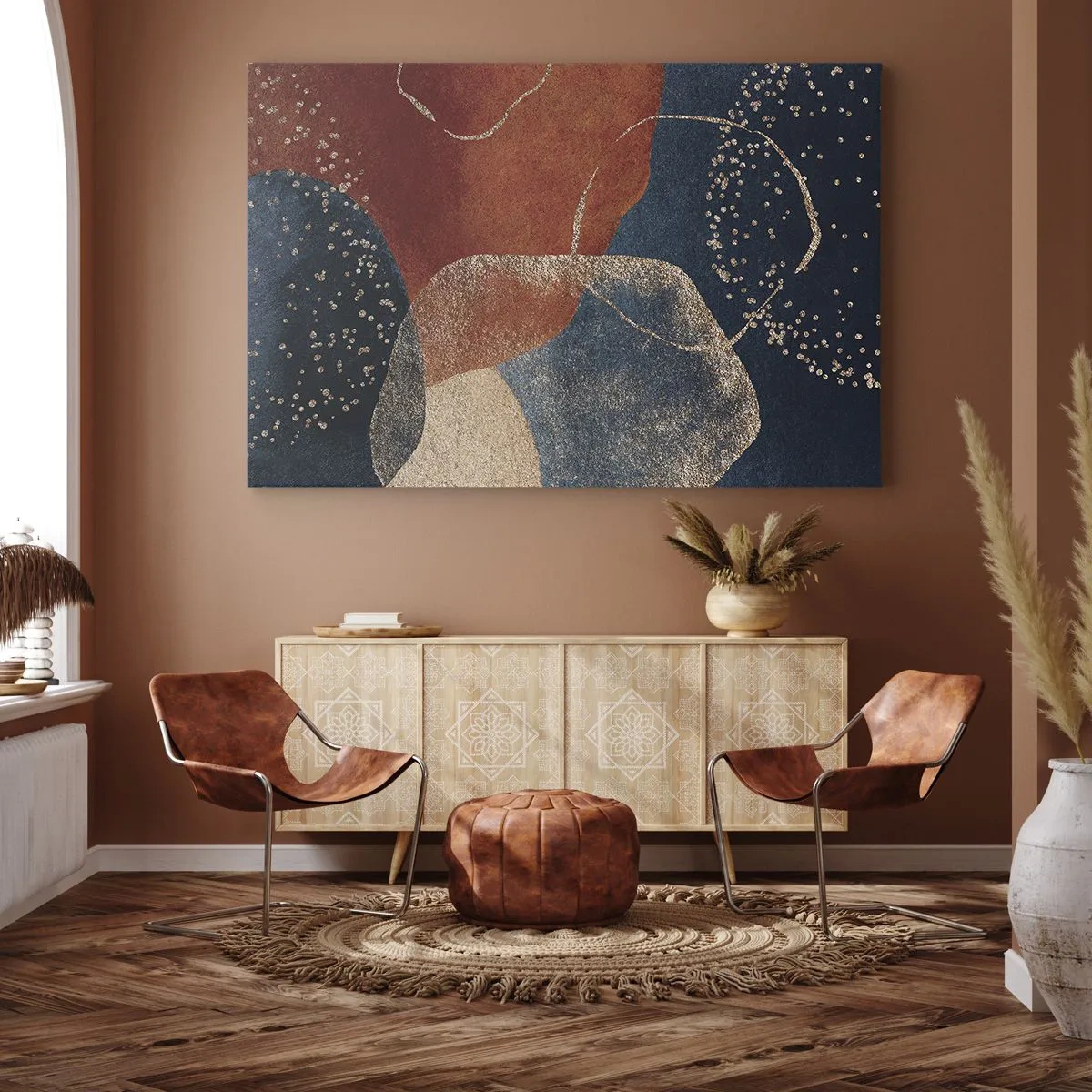 Impression sur toile - Image sur toile - Formes abstraites dans des tons de rouge et de bleu - 70x50cm - La légèreté de l'être - Décoration murale moderne pour le salon et la chambre ARTTOR