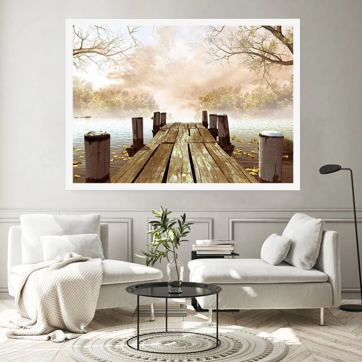 Affiche - Poster - Une jetée en bois menant à un lac calme dans la brume matinale - 100x70cm - La douce tristesse de l'automne - Décoration murale moderne pour le salon et la chambre ARTTOR