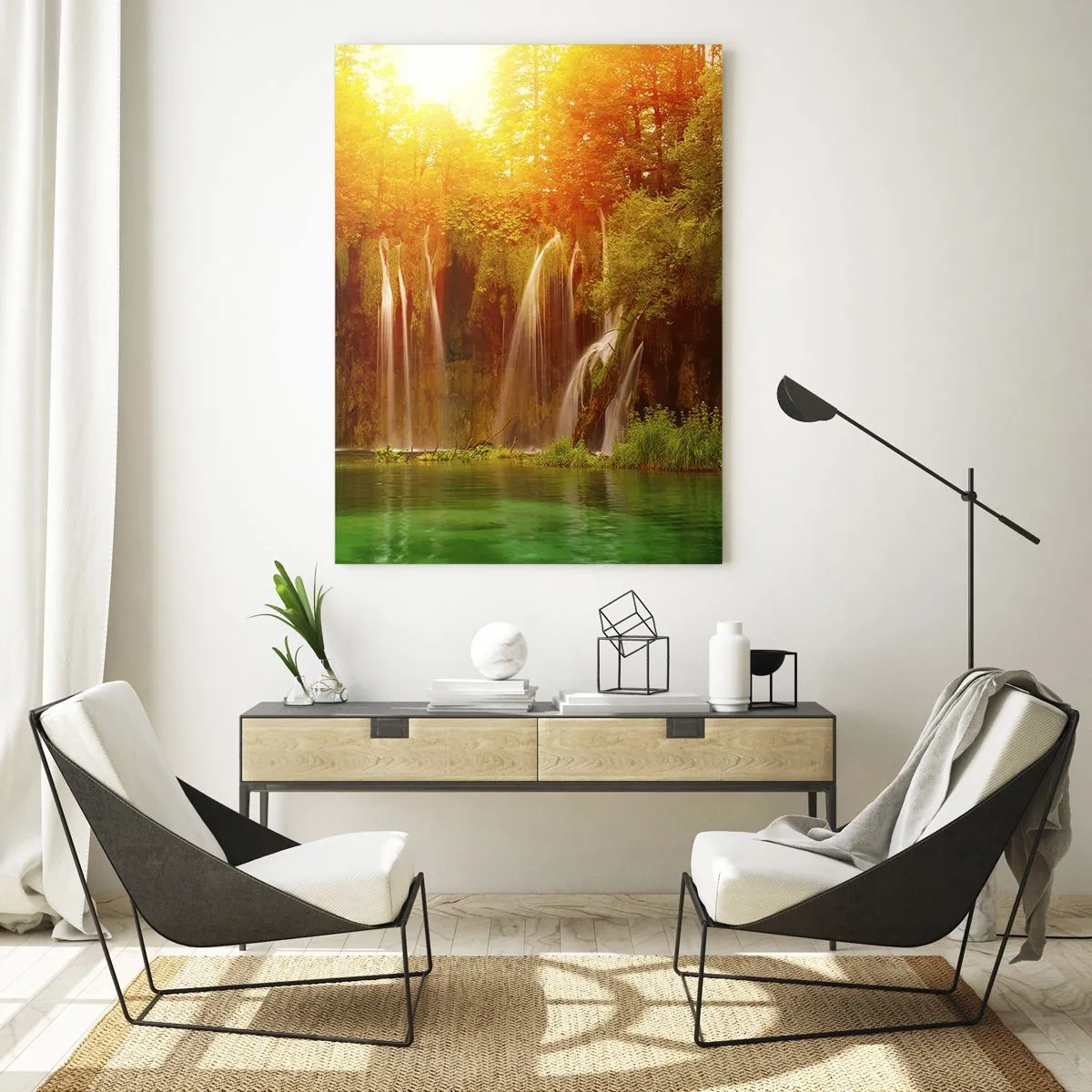 Impression sur verre - Image sur verre - Cascades entourées de verdure dans la lueur du soleil couchant - 70x100cm - Au soleil et à l'ombre - Décoration murale moderne pour le salon et la chambre ARTTOR