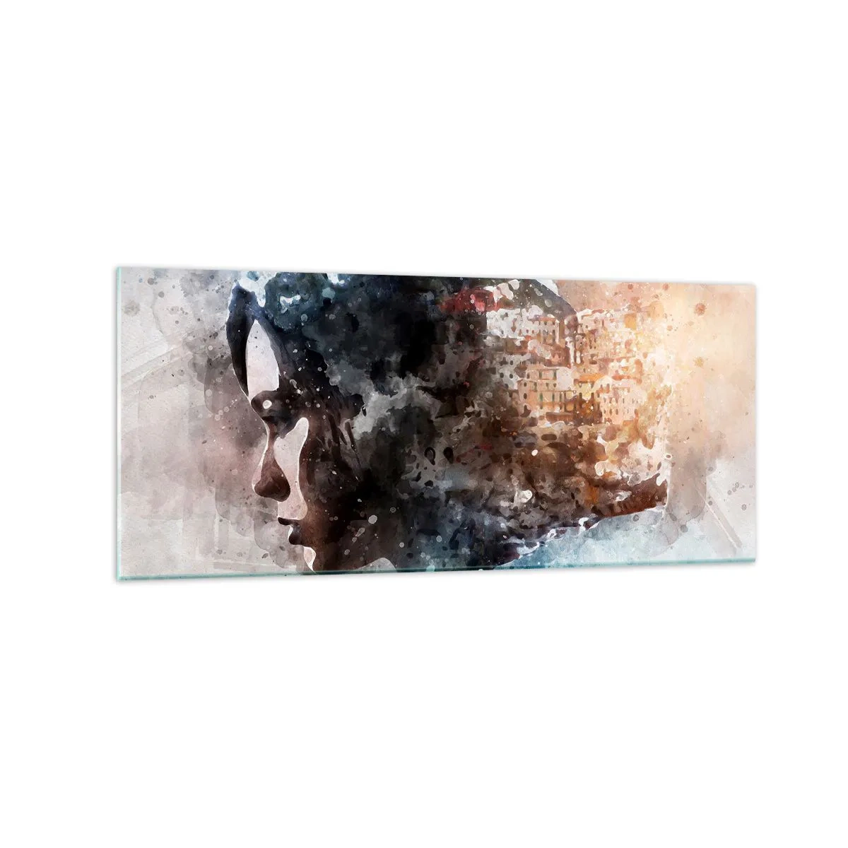 Impression sur verre - Image sur verre - Portrait d'une femme combinant son visage avec un paysage urbain en arrière-plan - 120x50cm - L'histoire d'une fille avec une ville en arrière-plan - Décoration murale moderne pour le salon et la chambre ARTTOR