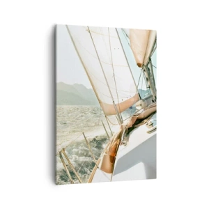 Impression sur toile - Image sur toile - Un yacht en pleine mer avec vue sur les montagnes - 50x70cm - Toutes voiles dehors - Décoration murale moderne pour le salon et la chambre ARTTOR