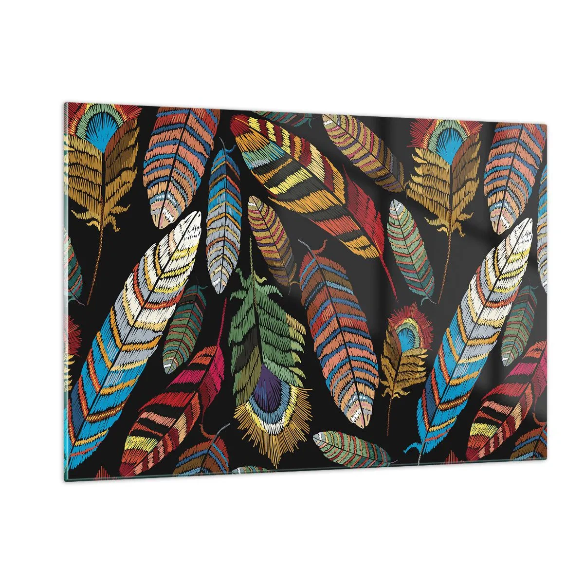 Impression sur verre - Image sur verre - Plumes colorées sur fond sombre dans un motif artistique - 120x80cm - Le carnaval des oiseaux - Décoration murale moderne pour le salon et la chambre ARTTOR