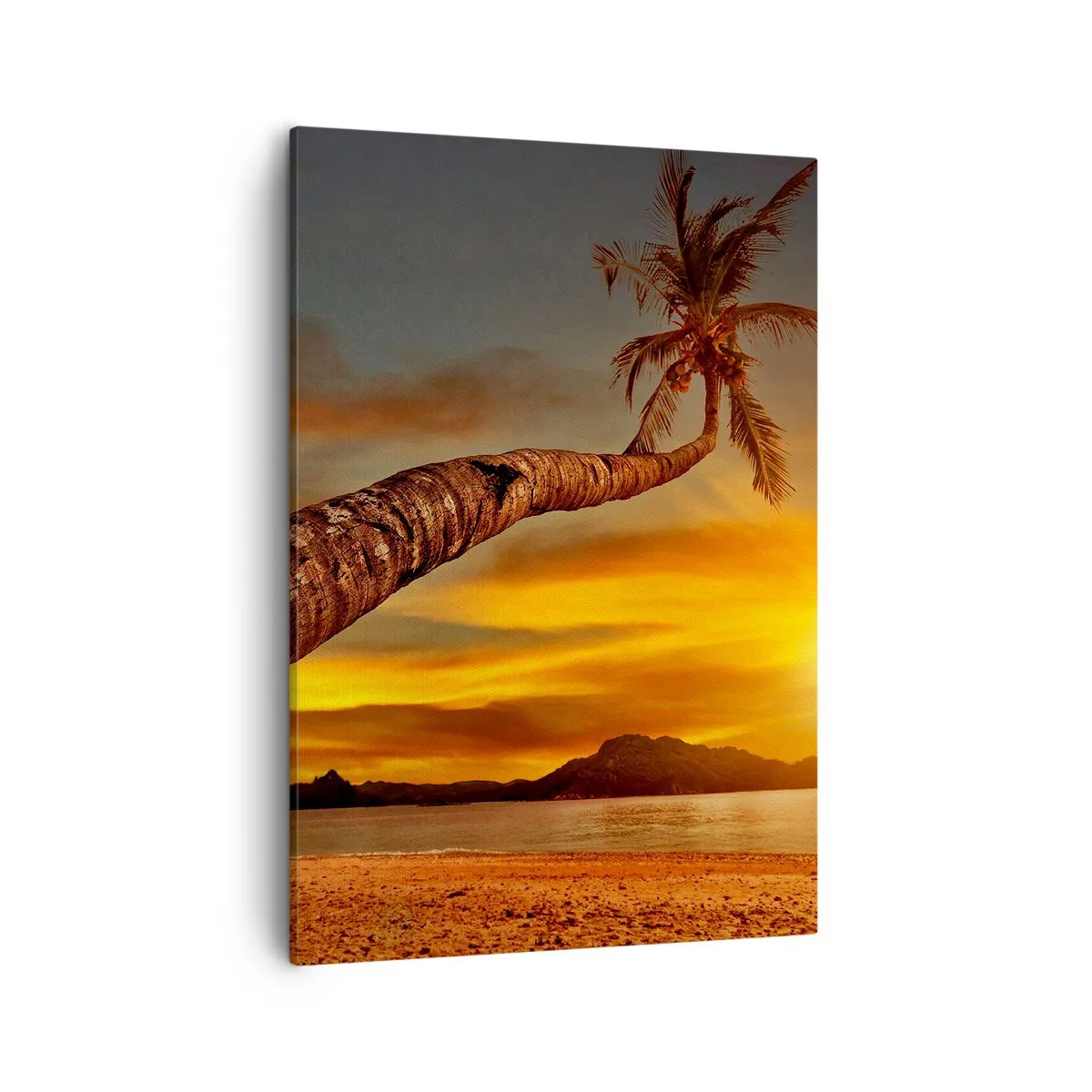 Impression sur toile - Image sur toile - Palmier sur la plage au coucher du soleil avec vue sur la mer - 50x70cm - Vacances exotiques, aventure caribéenne - Décoration murale moderne pour le salon et la chambre ARTTOR