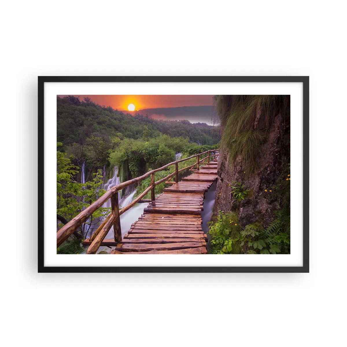 Affiche dans un cadre noir - Poster - Un pont surplombant les cascades au coucher du soleil - 70x50cm - La beauté au-delà de la croyance - Décoration murale moderne pour le salon et la chambre ARTTOR