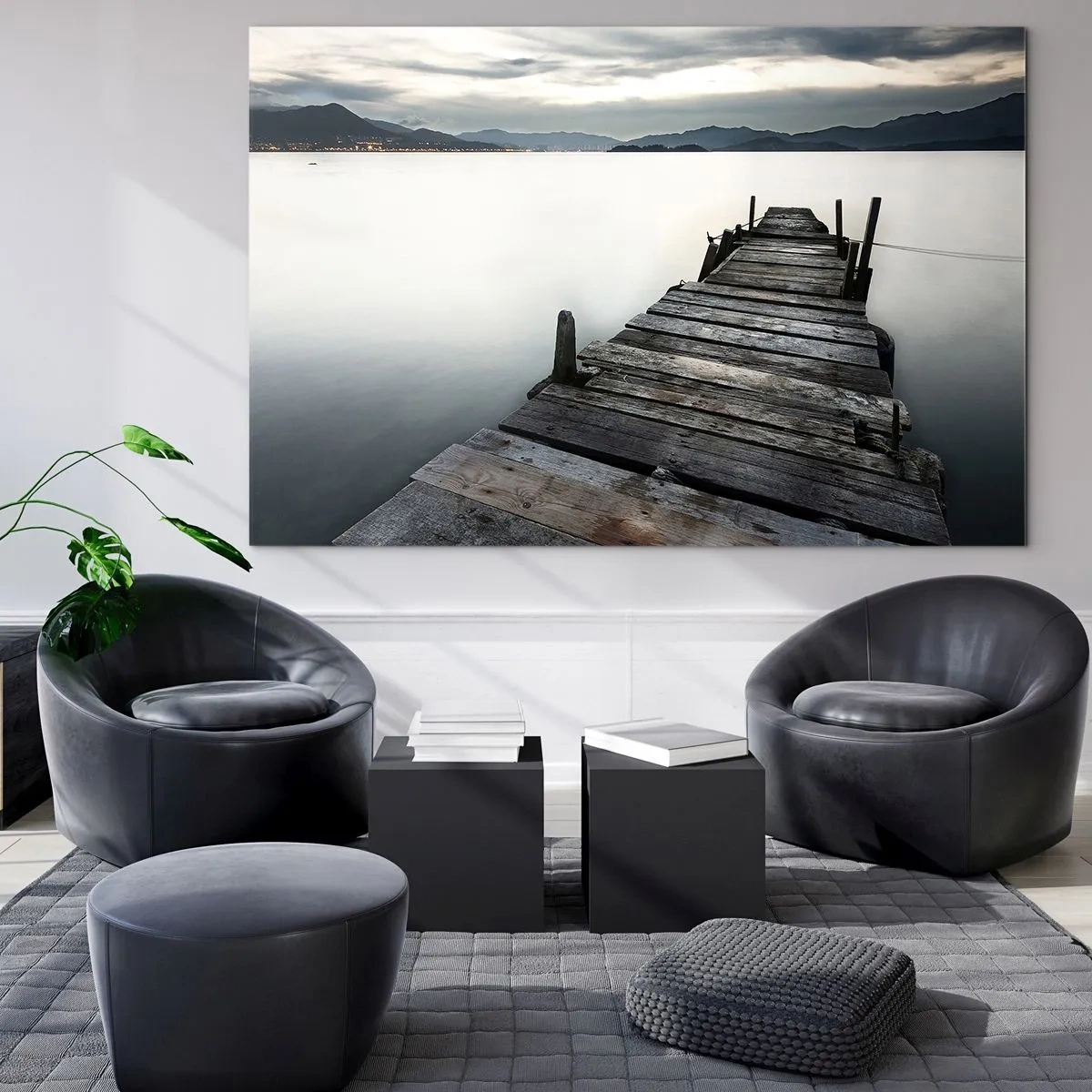 Impression sur verre - Image sur verre - Une jetée en bois sur fond de lac calme au crépuscule - 120x80cm - Immergez-vous dans la paix - Décoration murale moderne pour le salon et la chambre ARTTOR