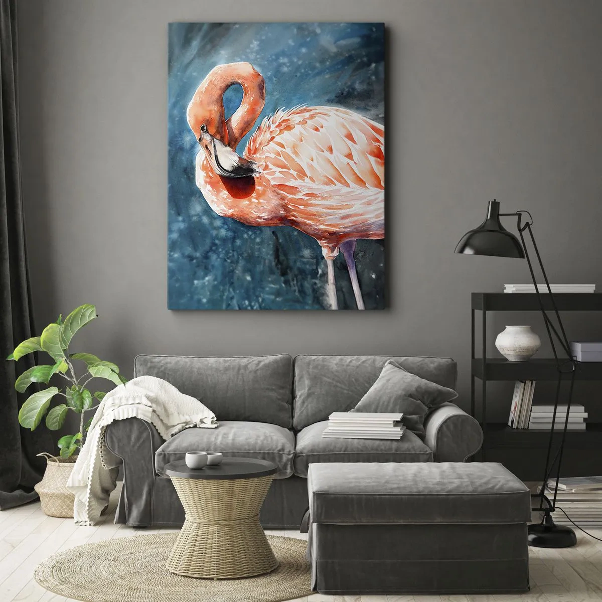 Impression sur toile - Image sur toile - Un flamant rose sur un fond bleu aquarelle - 50x70cm - Décoratif par nature - Décoration murale moderne pour le salon et la chambre ARTTOR