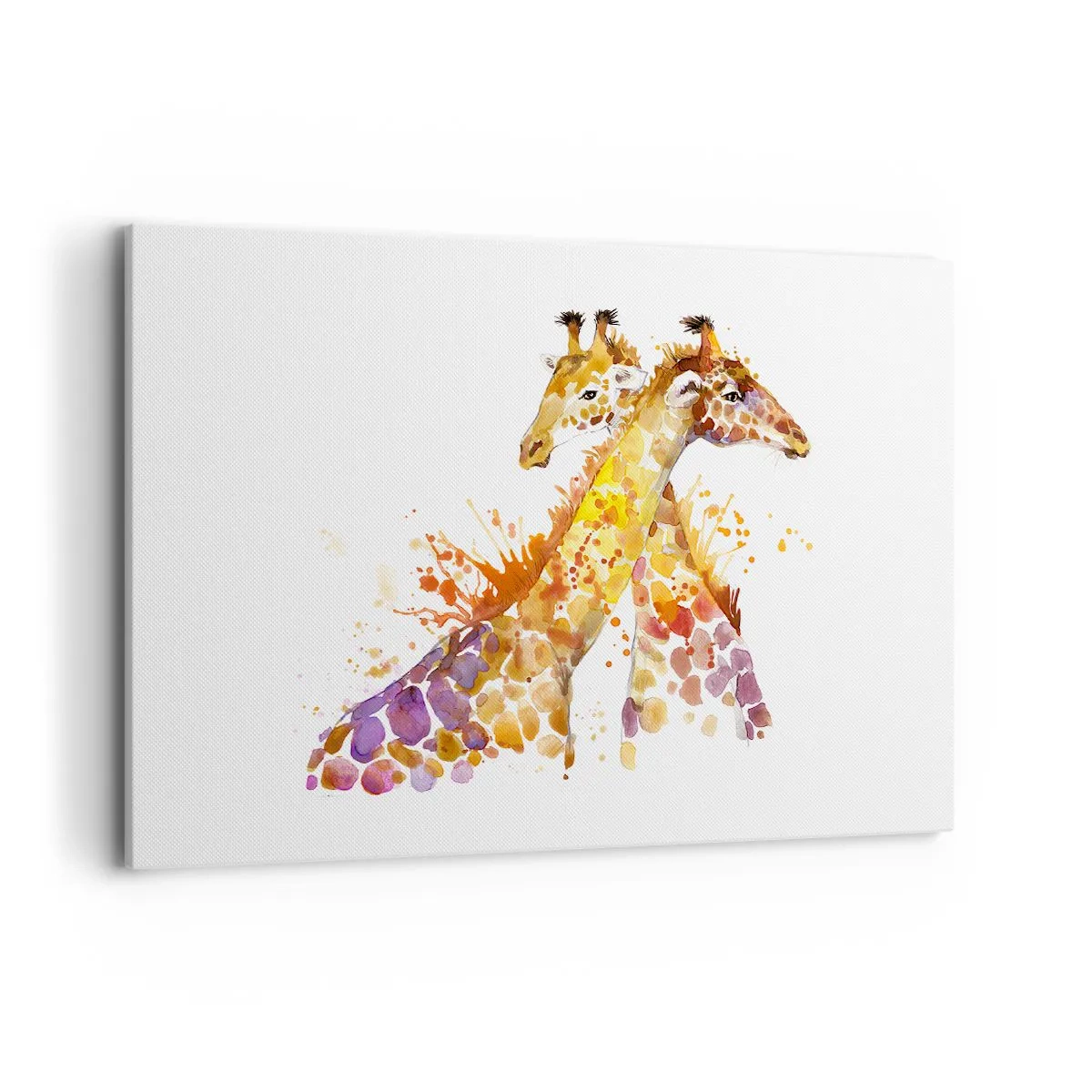 Impression sur toile - Image sur toile - Girafes à l'aquarelle aux tons colorés - 100x70cm - Est-ce de l'amitié ou de l'amour? - Décoration murale moderne pour le salon et la chambre ARTTOR