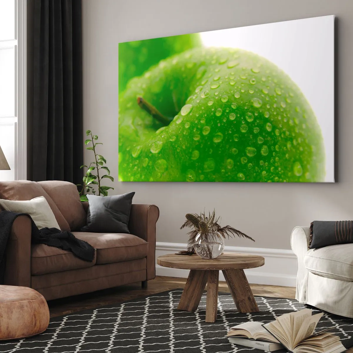 Impression sur toile - Image sur toile - Gros plan d'une pomme verte avec des gouttes d'eau - 100x70cm - Fraîcheur de verdure fraîche - Décoration murale moderne pour le salon et la chambre ARTTOR