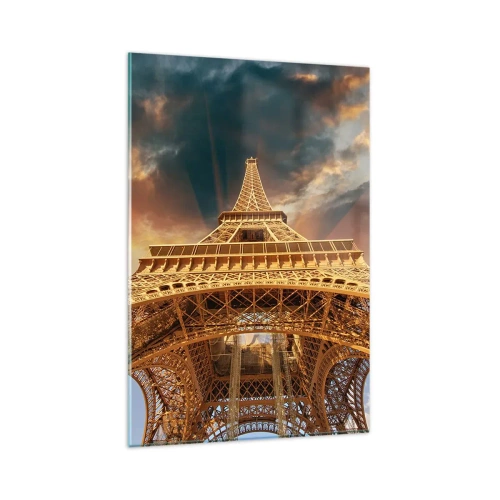 Impression sur verre - Image sur verre - La Tour Eiffel vue d'en bas sur fond de soleil couchant - 80x120cm - Comment l'humanité a atteint le ciel - Décoration murale moderne pour le salon et la chambre ARTTOR