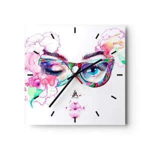 Horloge murale - Pendule murale - Visage aquarelle avec des lunettes colorées et des fleurs - 30x30cm - Une promesse tentante - Décoration murale moderne pour le salon et la chambre ARTTOR